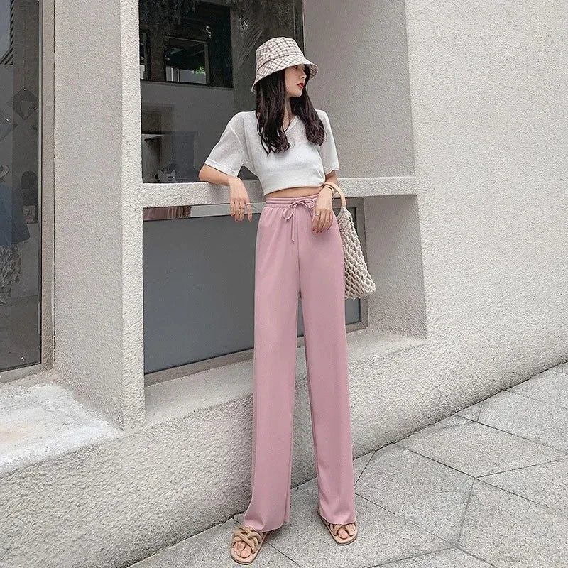 2025 Summer Thin Ice Silk Wide Leg Pants Women's Fashion Trendy Brand High Waist Comfortable Casual Loose Large Pants