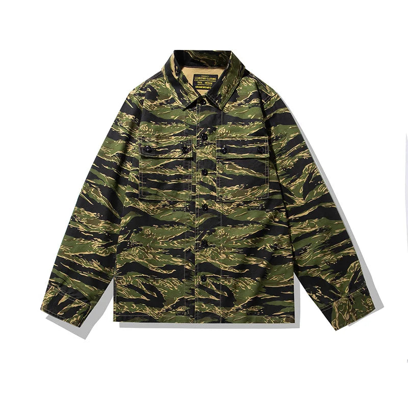 2025 Spring Men's Tiger Stripe Camo Camouflage Cargo Shirt Fashion Work Engineer Long Sleeved Shirt Jacket With Double Pockets