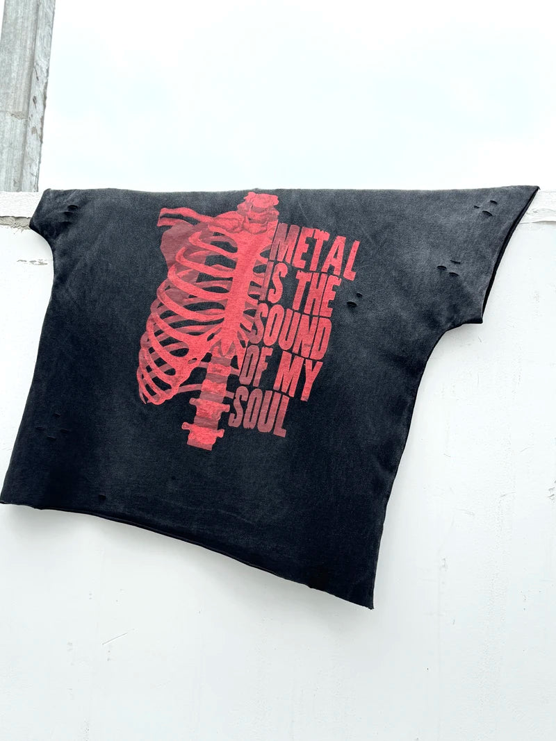 Half Red Skeletons Bone Print Box Tee Hole Damaged Tank Tops T-shirt Men Women Classic Text Graphic Short Sleeve T Shirt Clothes