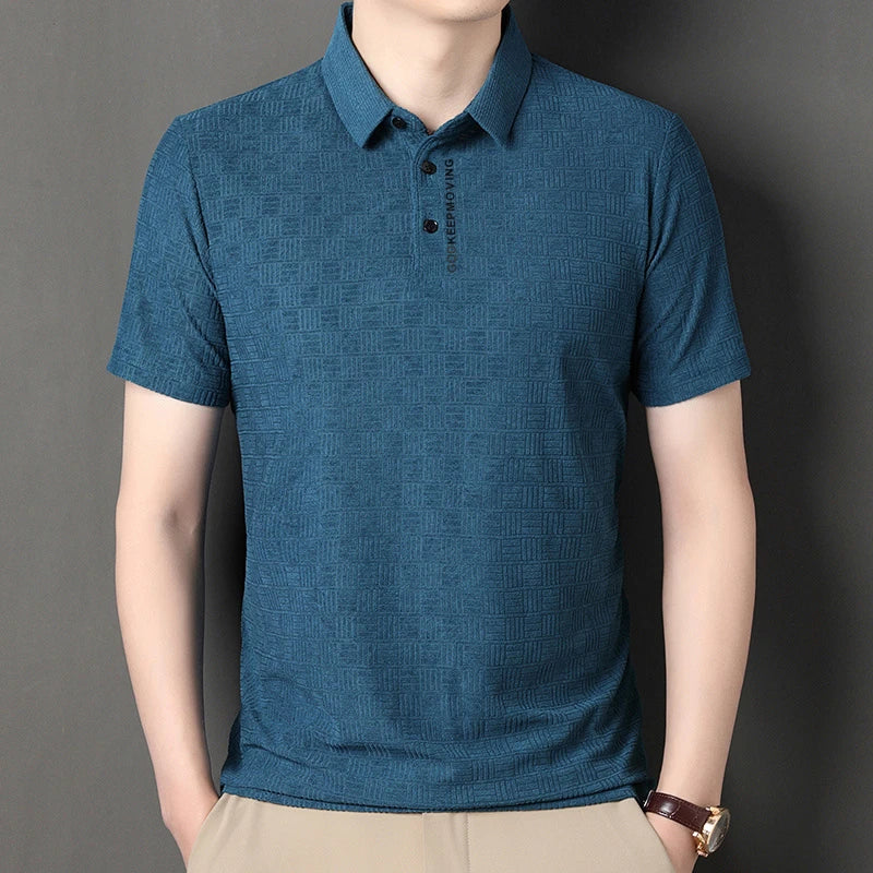 New Men's Business Casual Short Sleeved Shirt with Badge Solid Color Polo Shirt Fashionable Breathable Comfortable Versatile Top