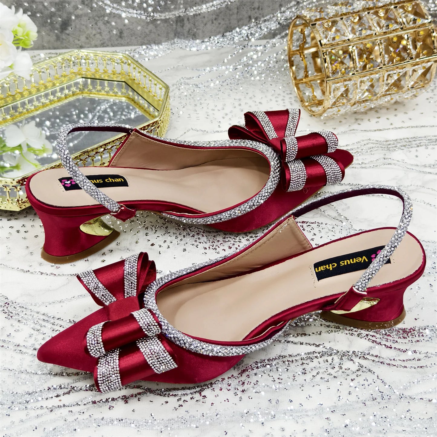 Venus Chan Italy Design 2025 New INS Shoes and Bag to Match Wine Colour Pointed-Toe Rhinestone Bow Party Women's High Heels