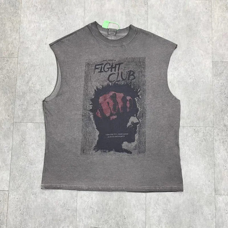 Vintage Washed Saint Sleeveless Tank T-shirts Oversize Men Woman Good Quality Black White Grey Hole Old Summer Streetwear
