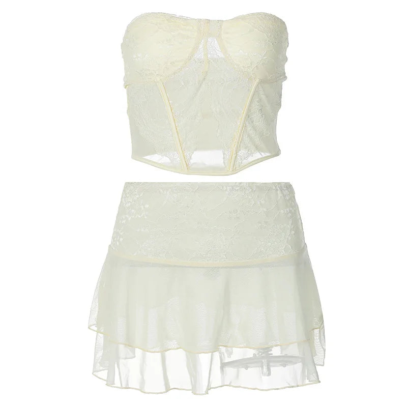Two Piece Sets Y2k Lace See Through Sexy Camisole Bustiers Womens Sexy Double Layer Mini Skirts Chic Beachwear Crop Top Summer