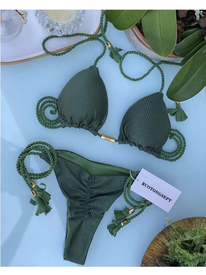 Women Bikini Rope Triangle Swimsuit Multicolor Sexy Low Waisted Bikini Set Swimsuit Swimwear Women BeachwearBrazilian biquini