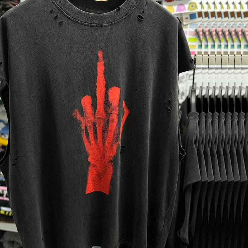 Red Skull Finger Print Damaged Hole Saint Tank Tee Men Women Streetwear Oversized Vest Vintage Washe Black Sleeveless T Shirt