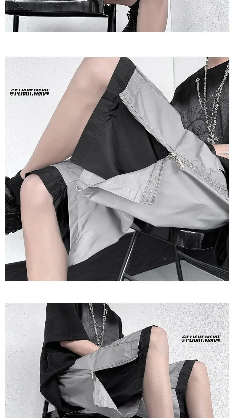 American Functional Shorts Men's Summer Design Fake Two-piece Zippered Trousers Loose Casual Pants