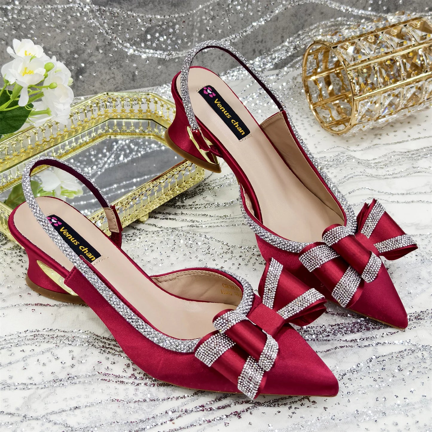 Venus Chan Italy Design 2025 New INS Shoes and Bag to Match Wine Colour Pointed-Toe Rhinestone Bow Party Women's High Heels