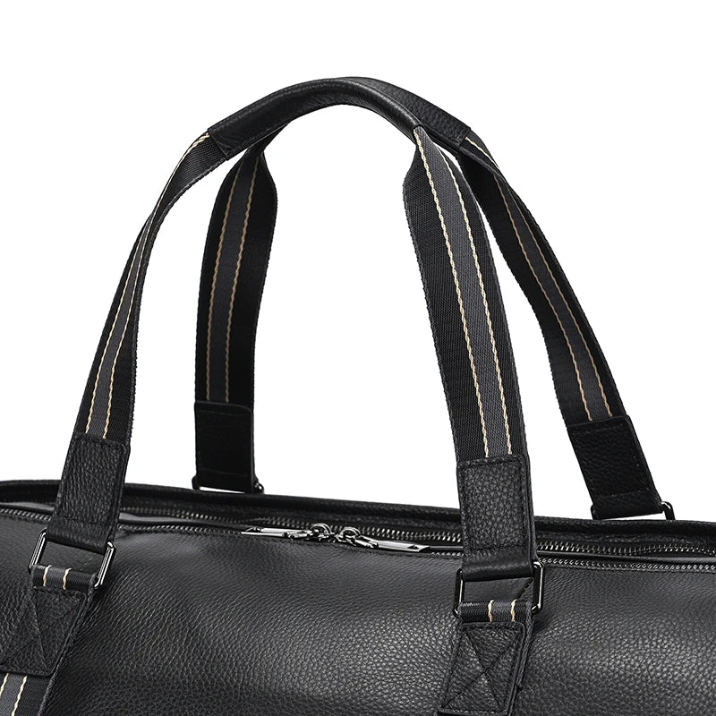 Sac de voyage en cuir véritable de grande capacité pour hommes et femmes, en cuir de vache noir souple, polochon de voyage décontracté, grand sac à bandoulière pour week-end