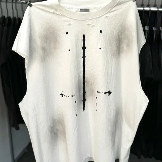 Vintage Washed Saint Sleeveless Tank T-shirts Oversize Men Woman Good Quality Black White Grey Hole Old Summer Streetwear