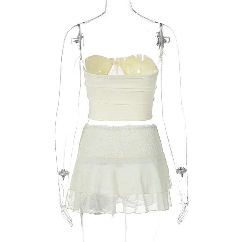 Two Piece Sets Y2k Lace See Through Sexy Camisole Bustiers Womens Sexy Double Layer Mini Skirts Chic Beachwear Crop Top Summer