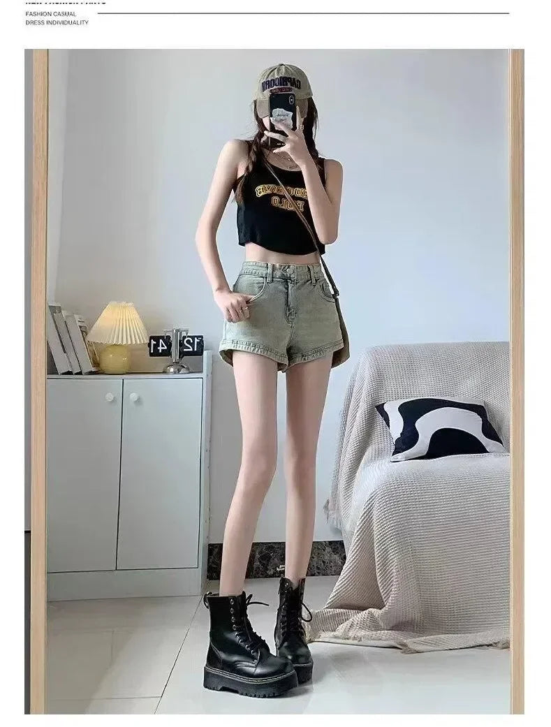 Women's Stretchy Jeans Summer 2025 - High-Waisted American Spicy Shorts with Slimming Straight Leg and A-Line Cut Shorts