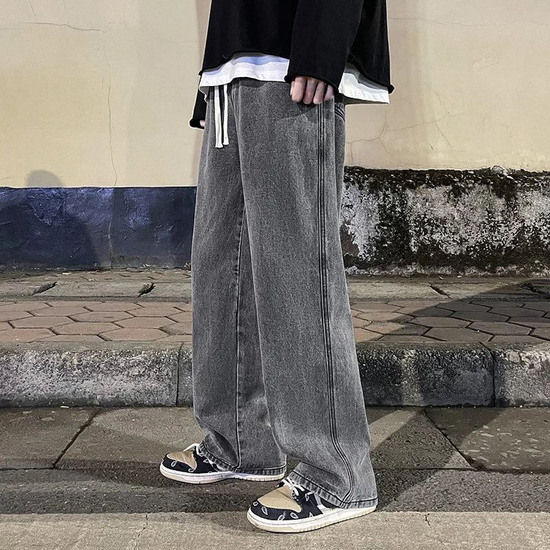 Korean Fashion Men's Baggy Jeans Elastic Waist Classic olid Color Straight-leg Denim Wide-leg Pants Male Light Blue Grey Black