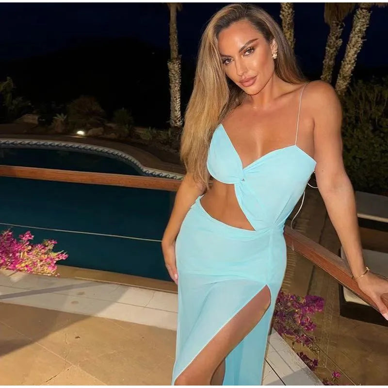 Sexy Backless lace Up Long Dress Women Elegant Sleeveless Side Split Off Shoulder Dresses Female 2025 Summer Beach Party Robes