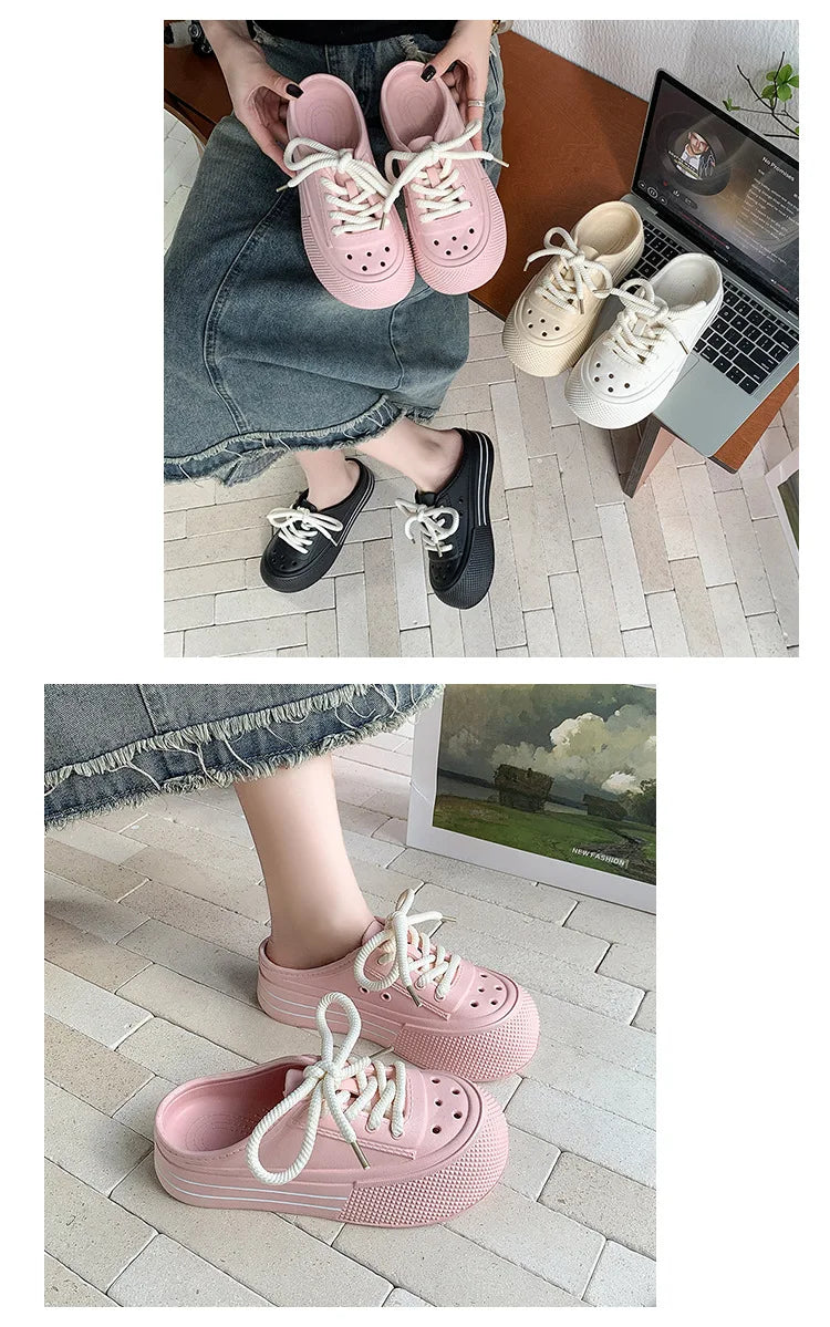 Women Fashion Clogs Lace-up Platform Slippers Summer Shoes Soft EVA Anti-slip Female Beach Street Slides Thick Sole Sandals