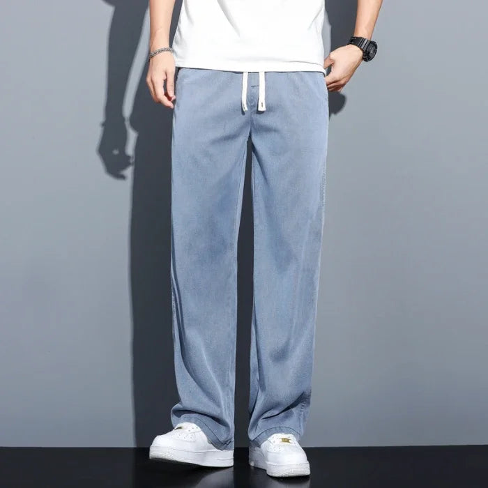 Summer Soft Lyocell Fabric Men's Jeans Thin Loose Straight Pants Drawstring Elastic Waist Korea Casual Trousers Plus Size