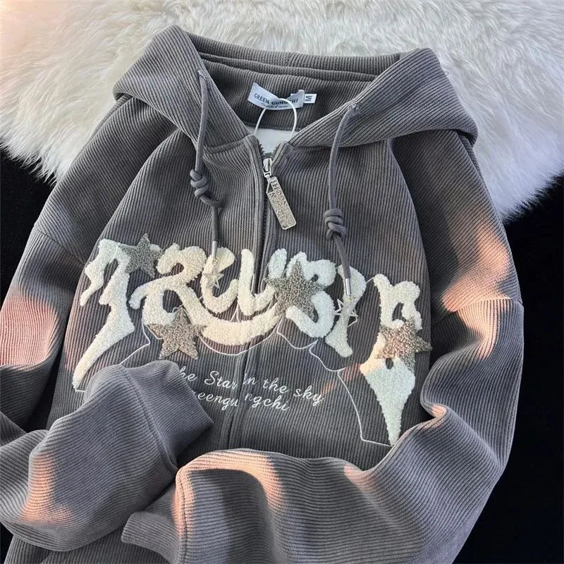 Y2k Zip Up Hoodie Women Spring Retro Embroidered Letter Loose Long Sleeve Tops 2025 Casual Hooded Sweatshirts Harajuku Jackets