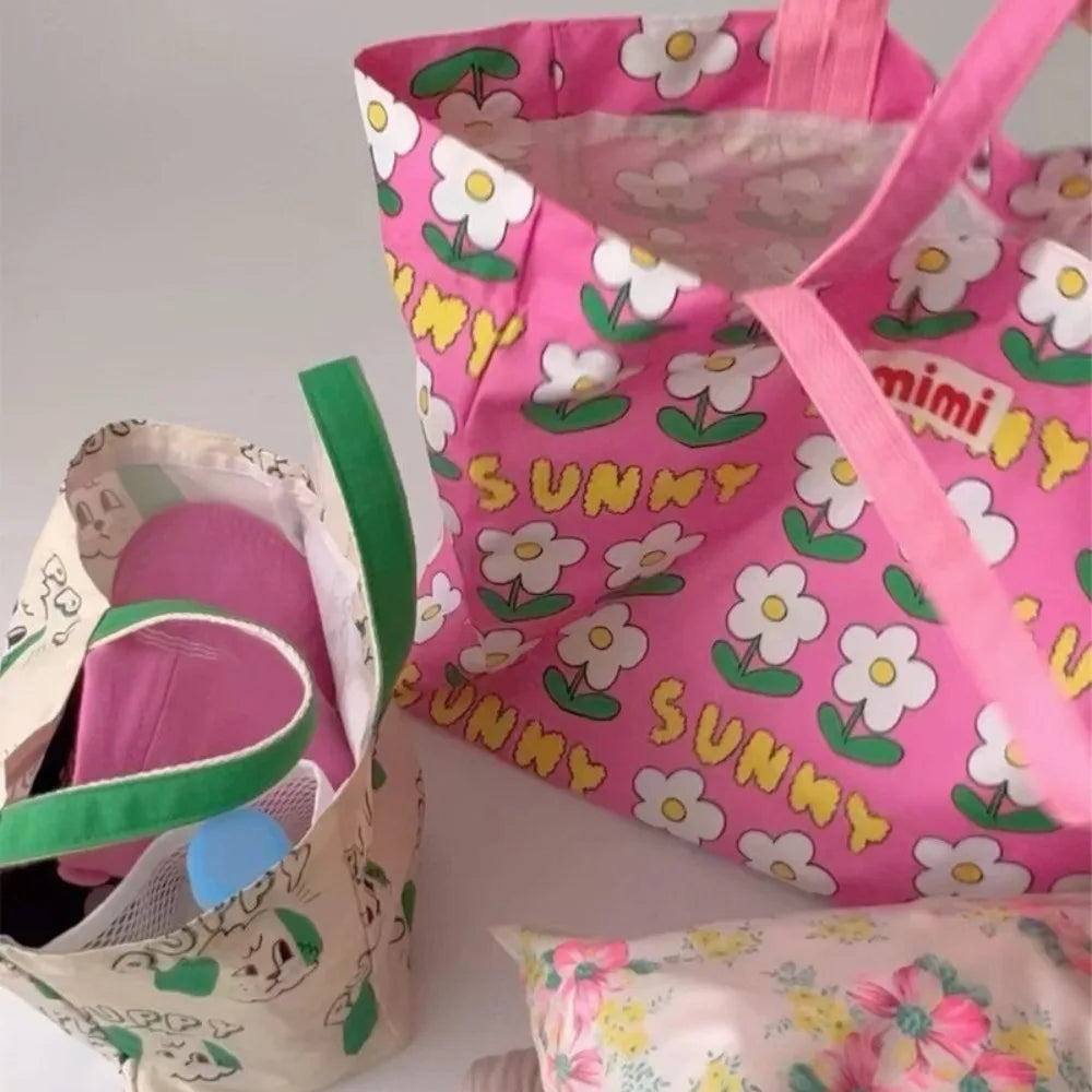Cute Print Oxford Cloth Storage Bag Square Shape Beach Bag Large Capacity Lunch Bag Portable Shoulder Bag Creative Handbag
