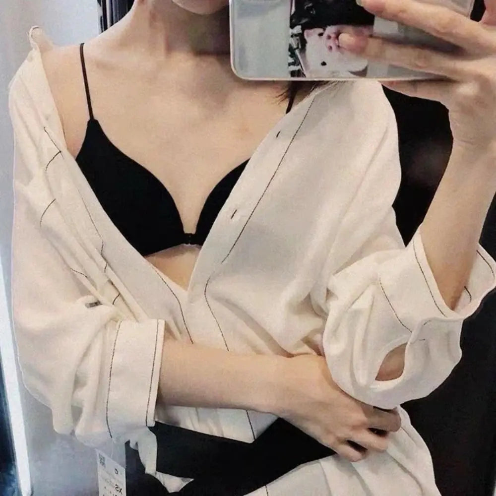 Fachion Triangle Bras for Women Beauty Back Thin Strape French Style Bra Solid Color Lingerie Deep V Bralette Summer