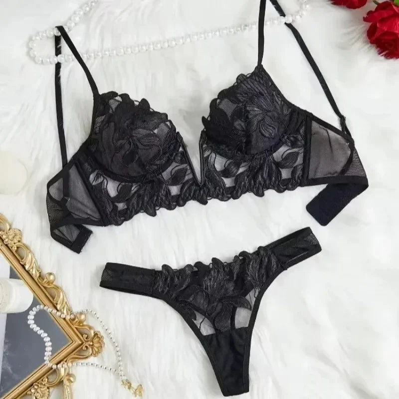 Fairy Lingerie Floral Valentine Charming Brief Panty Underwear Sexy Nighty Fancy V Underwear Brief Set for Lady See Through Bra