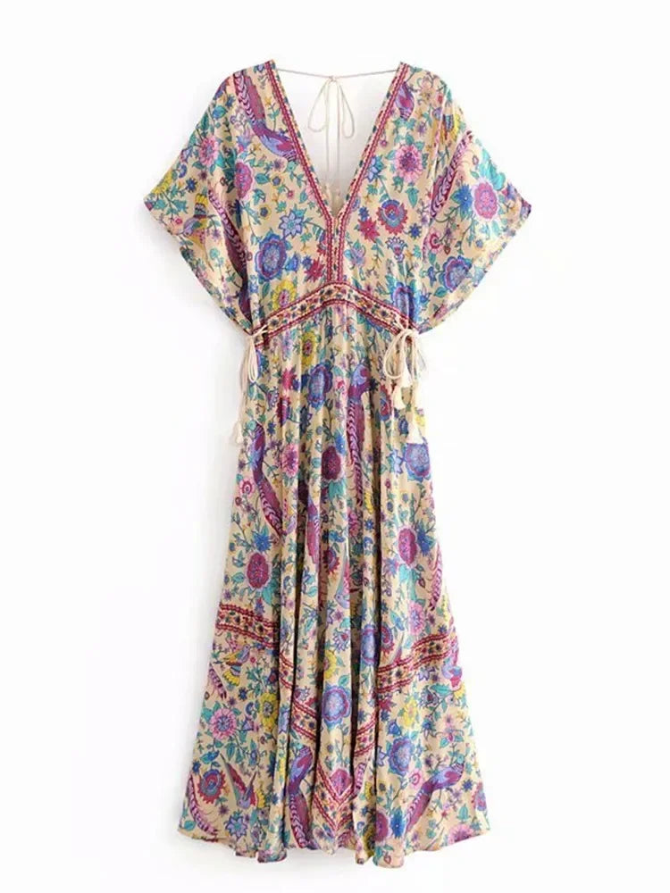 Robe Maxi Vintage Chic pour Femme, Imprimé Floral Paon, Manches Chauve-Souris, Bohème, Col en V, Pompon, Plage, Été