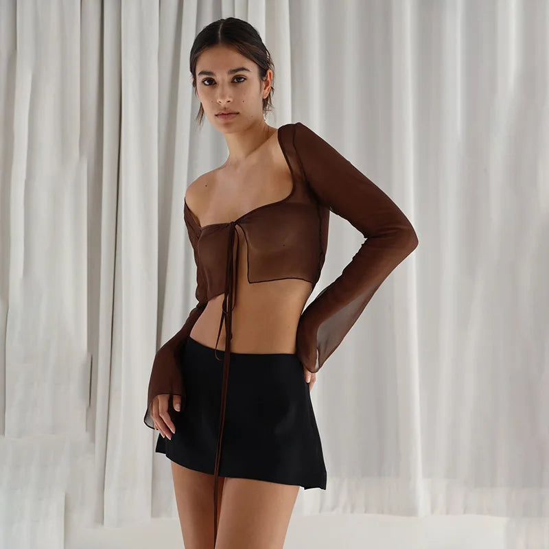 Vintage Aesthetic Crop Top Summer Women Mesh Long Sleeve T Shirt Lace Up Bandage Clothes y2k Clothes Casual Grunge Tees