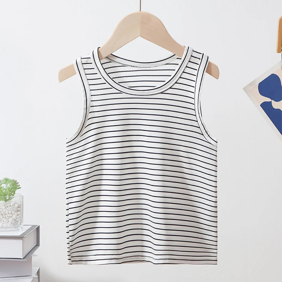 2-Pcs Children's Four Seasons Black And White Striped Vest Boy Leisure Sports Running Top Girl Basic Joker Fashion Bottoming Shi