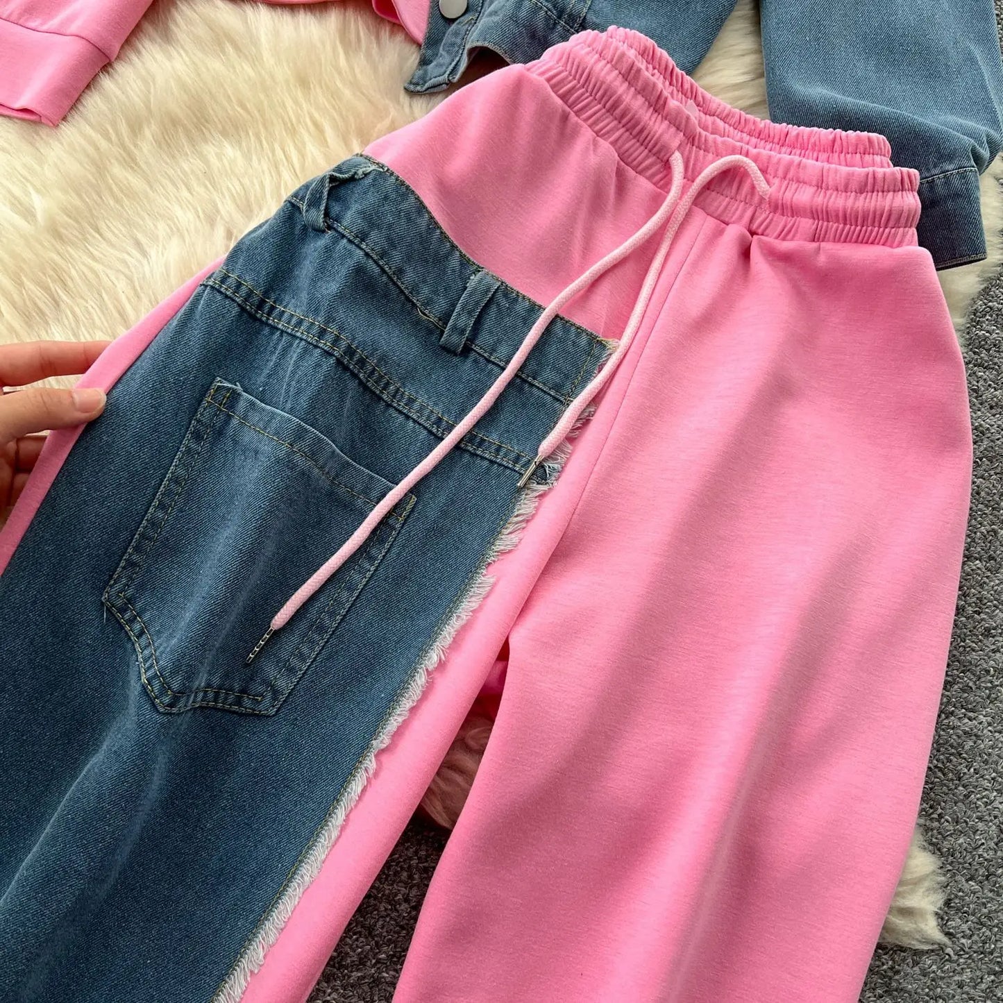 Pant Set Women Two Piece Sets Hooded Matching Sets Casual Loose Tops Wide Leg Long Pants Elastic Waist Lace Up Splice Denim 2025