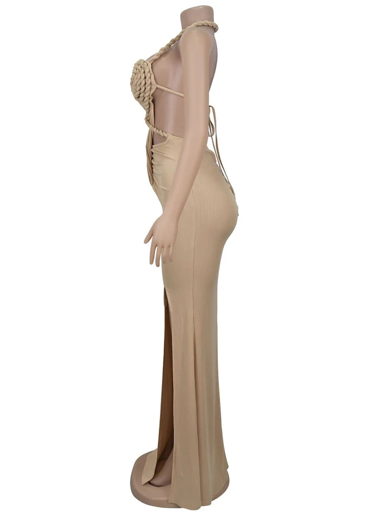 Bonnie Forest Gorgeous Cut-Out Ruched Bandage Long Dress For Women Chic Summer Halter Neck High Slit Party Dresses Beach Vestido