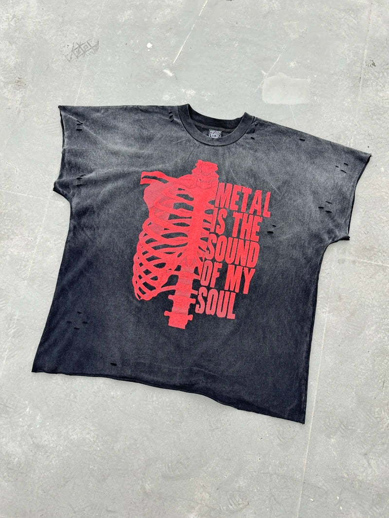 Half Red Skeletons Bone Print Box Tee Hole Damaged Tank Tops T-shirt Men Women Classic Text Graphic Short Sleeve T Shirt Clothes