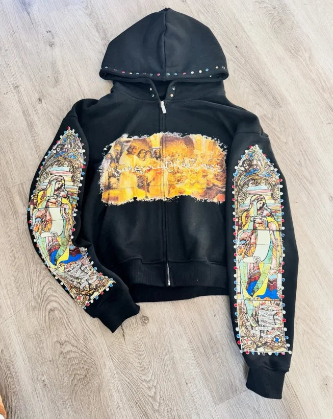 Hip-hop retro street American Y2k zipper hoodie national flag print splicing classic fashion loose sports cardigan men's style