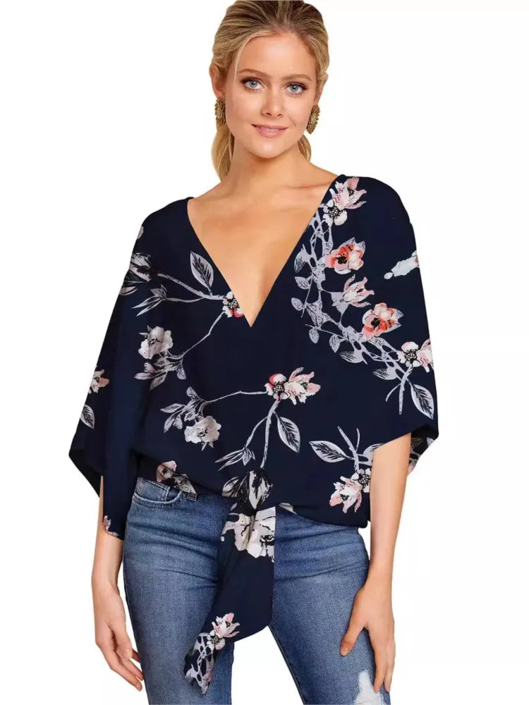 Spring Summer 2024 New Women's Shirt Sexy V-neck Short Sleeved Fashionable Printed Knot Printed Sleeve Top