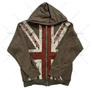 Hip-hop retro street American Y2k zipper hoodie national flag print splicing classic fashion loose sports cardigan men's style