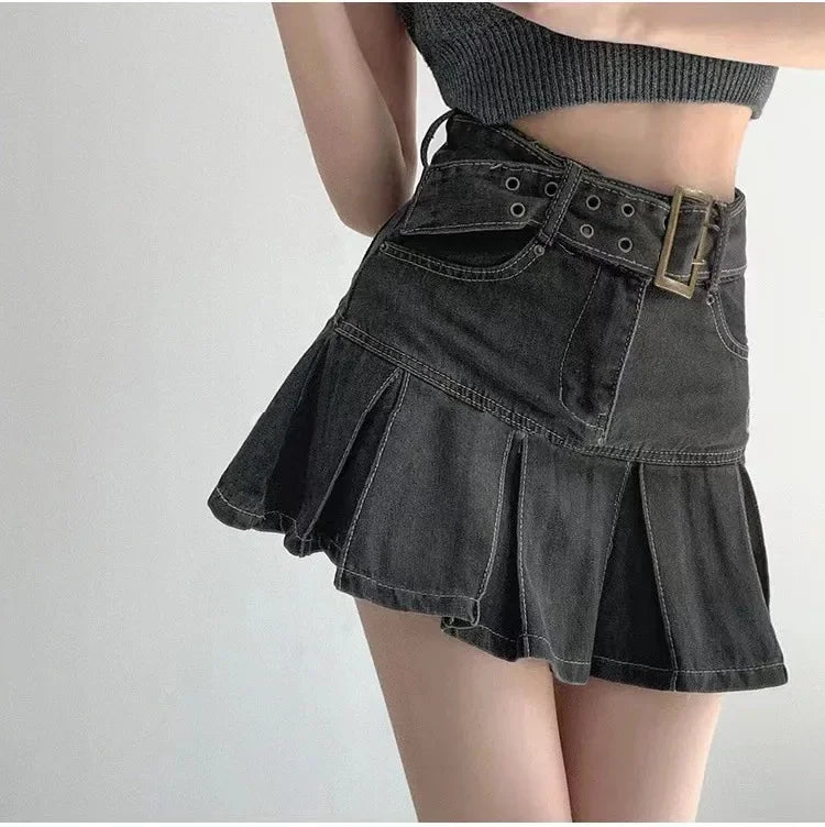 High Waist Denim Mini Skirt for Women Summer American Style Retro Pleated A- Line Short Skirt Trendy Cotton Denim Skirts