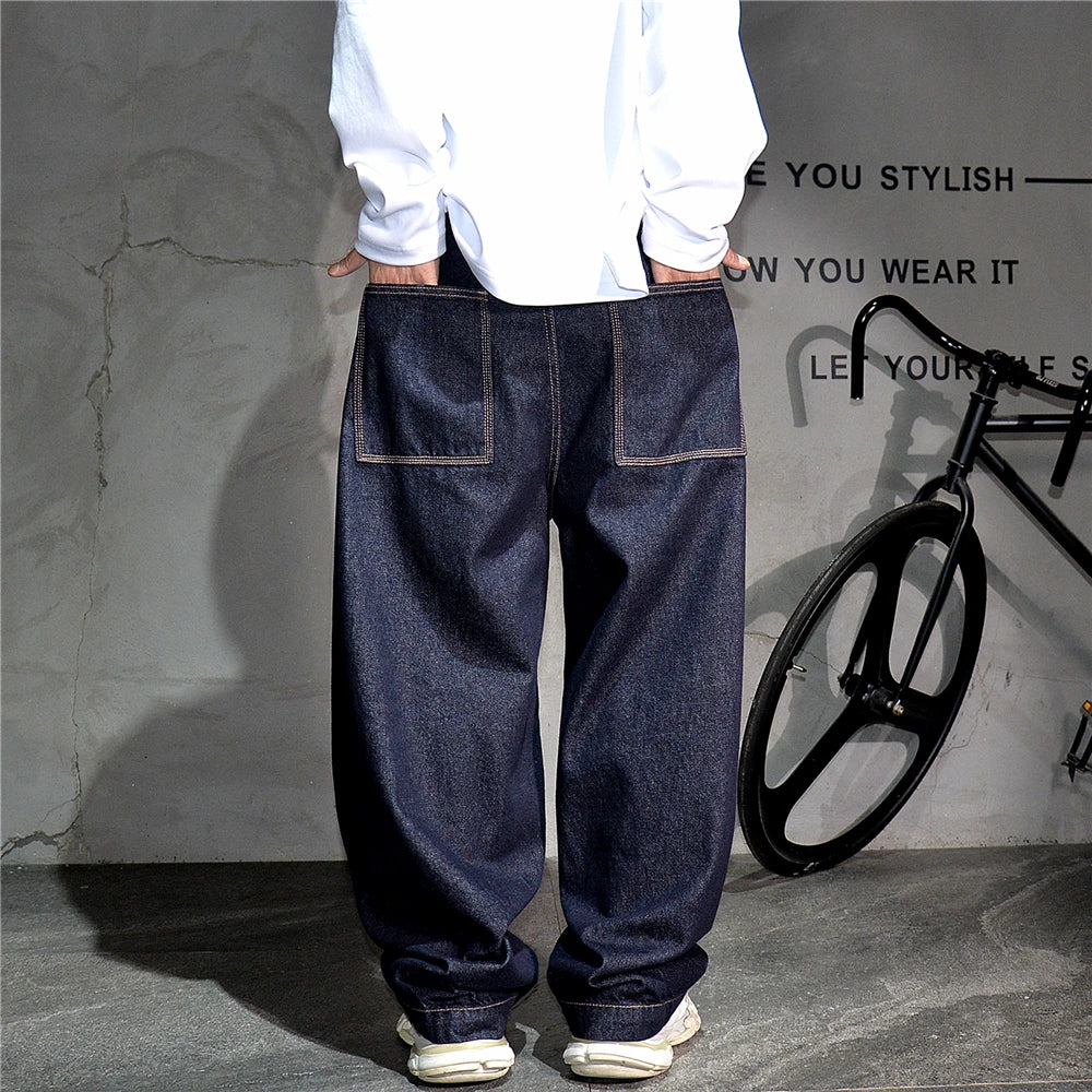 Mens American High Street Baggy Jeans Navy Blue Premium Denim Wide Leg Straight Loose Fit Korean Streetwear Trendy Pants Male