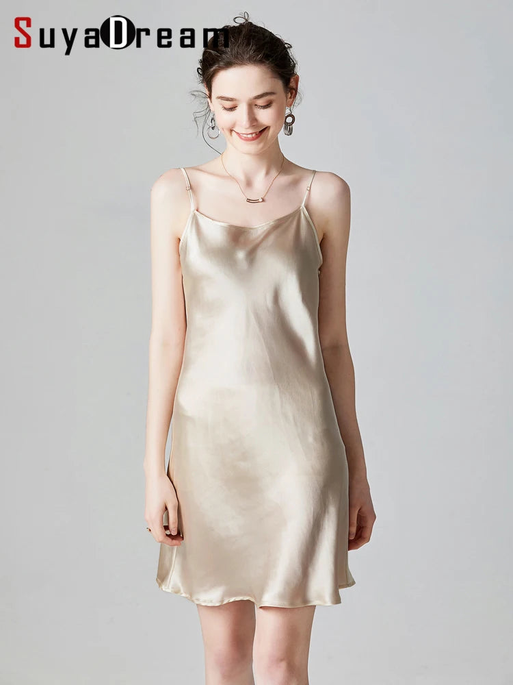 SuyaDream femme Mini robe 19mm 100% vraie soie sans manches solide Spaghetti sangle robes de nuit 2025 élégant Chic vêtements