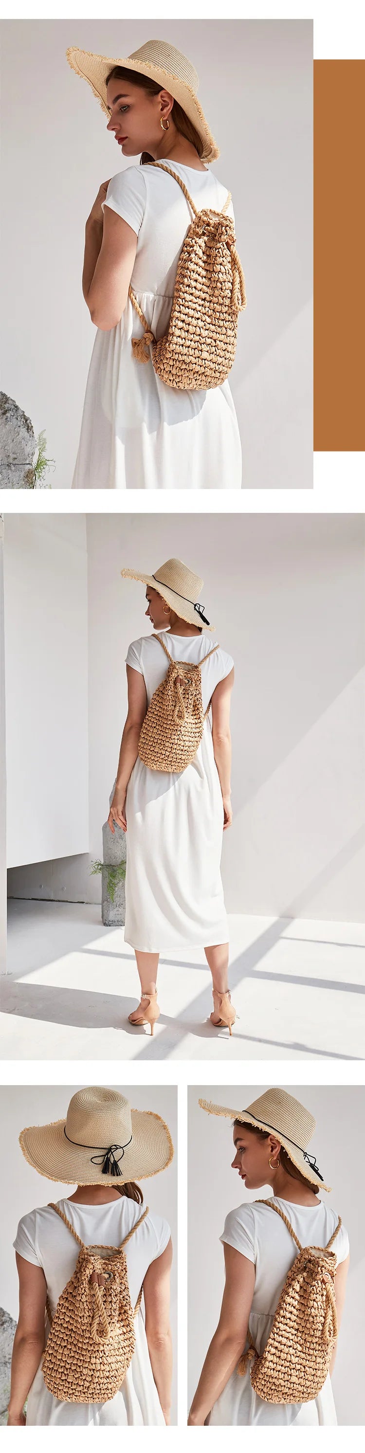 Summer Straw Backpack for Women Handmade Drawstring Beach Shoulder Bags Raffia Rattan Woven Travel Handbags bali lady backpacks