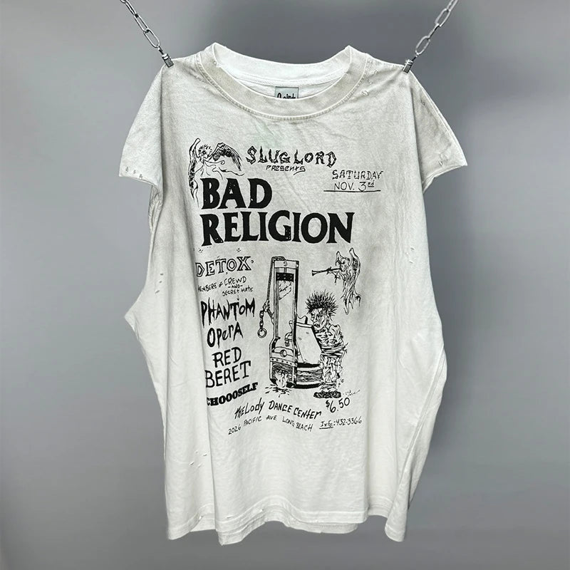 Hip Hop Vintage Washed Black Damaged Hole Tank Men Women Top Quality Cotton Oversized Saint Vest Stitching Sleeveless T Shirt