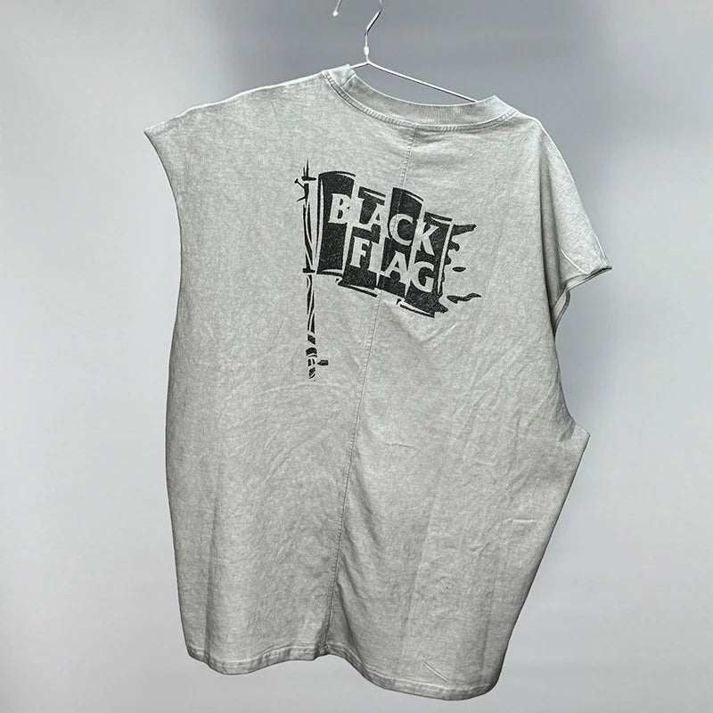 Hip Hop Vintage Washed Black Damaged Hole Tank Men Women Top Quality Cotton Oversized Saint Vest Stitching Sleeveless T Shirt