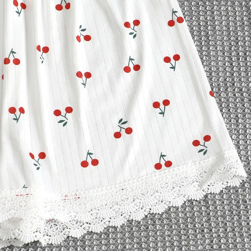 Sexy Pajamas Women V-Neck Lace Cherry Print Short-Sleeved Shorts Striped Fancy Sleepwear 2 Piece Set Home Wear Student Nightwear