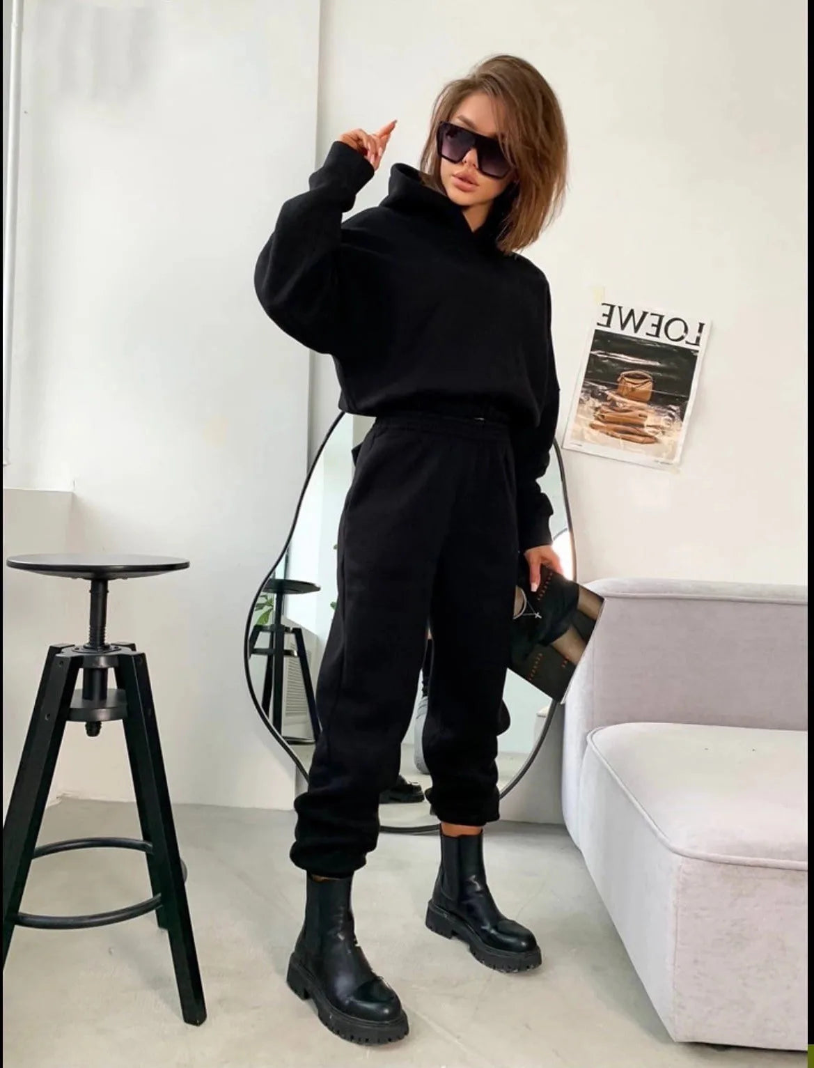 Pullover Hooded Tracksuit Women Two Pieces Pant Sets Sweatshirts Pockets Pants Suit Thick Elastic Waist Spliced Sporty Autumn