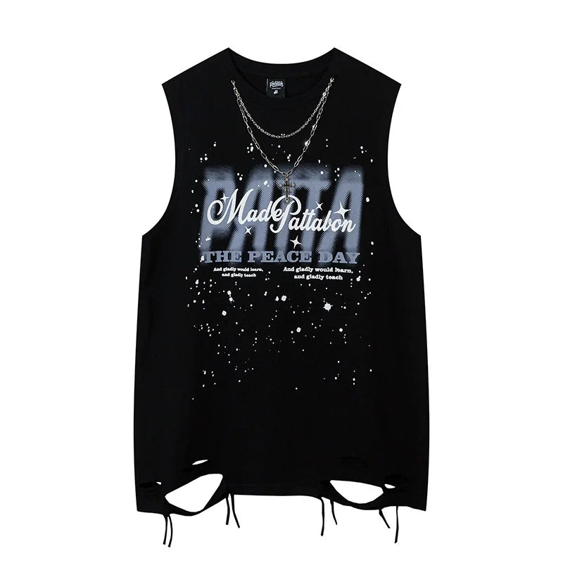 Hip Hop Tank Tops Men's Vintage Letter Graphic Sleeveless T-Shirt Streetwear Hole Harajuku Dancing Breathable Tops with Necklace