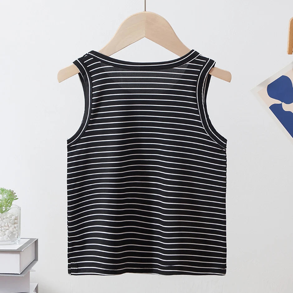 2-Pcs Children's Four Seasons Black And White Striped Vest Boy Leisure Sports Running Top Girl Basic Joker Fashion Bottoming Shi