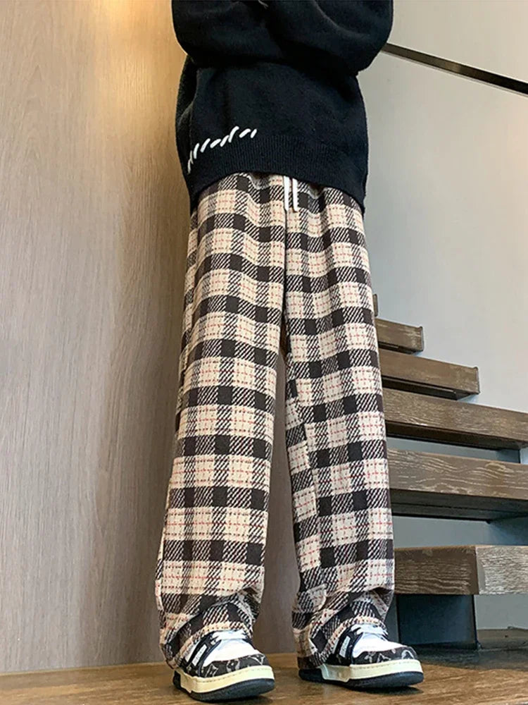 New Y2K Vintage Plaid Baggy Pants Men's High Street Woolen Straight-leg Trousers Autumn Korean Fashion Hip Hop pantalones hombre