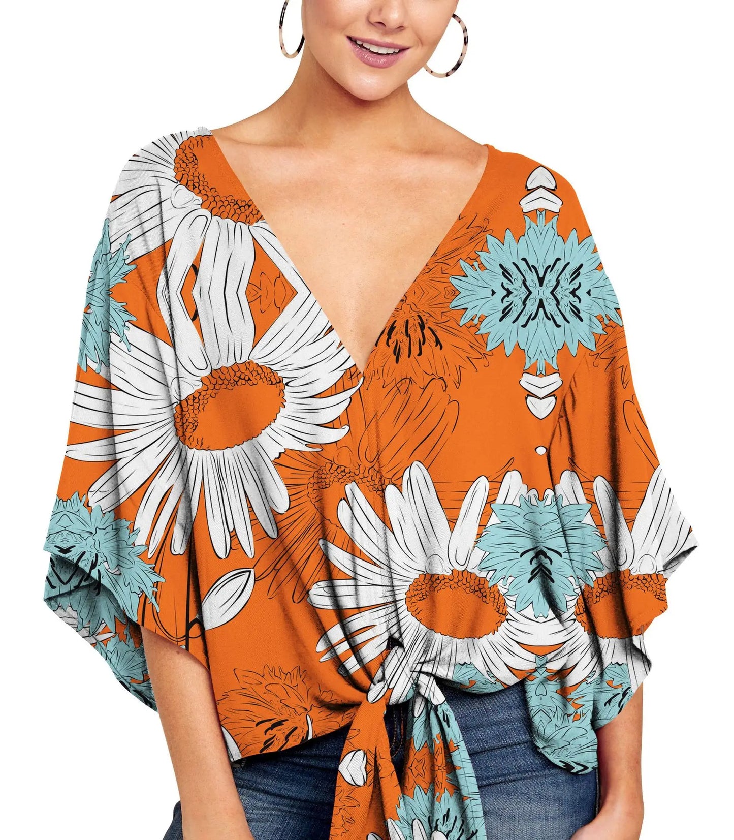 Spring Summer 2024 New Women's Shirt Sexy V-neck Short Sleeved Fashionable Printed Knot Printed Sleeve Top