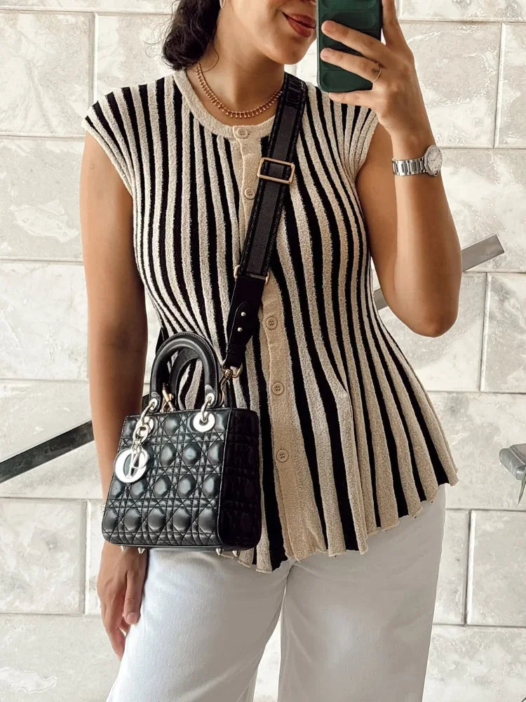 Chic Striped Knitted Button Set Women Elegant Round Neck Short Sleeved Slim Fit Two-piece Suit 2025 New Summer Holiday Outfits