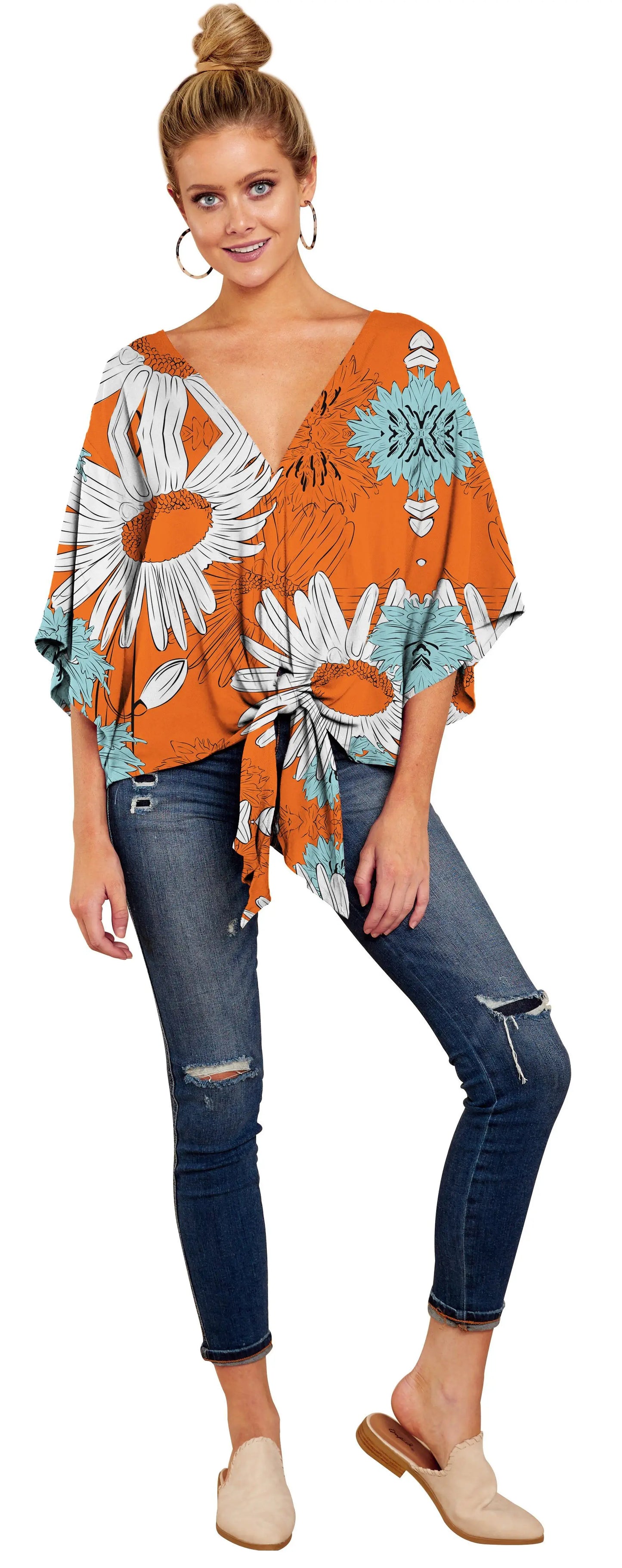Spring Summer 2024 New Women's Shirt Sexy V-neck Short Sleeved Fashionable Printed Knot Printed Sleeve Top