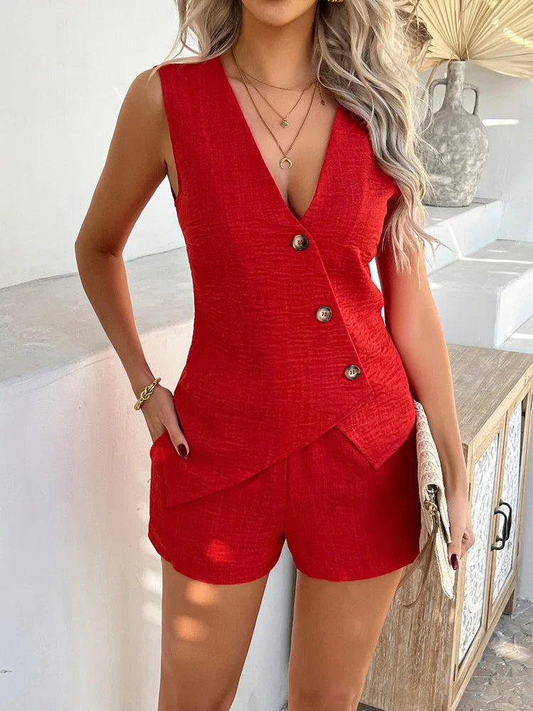 Fashion V-neck Asymmetrical Single-breasted Lady Waistcoat Two-piece Set Spring Summer New Casual Elastic Waist Women Shorts Set