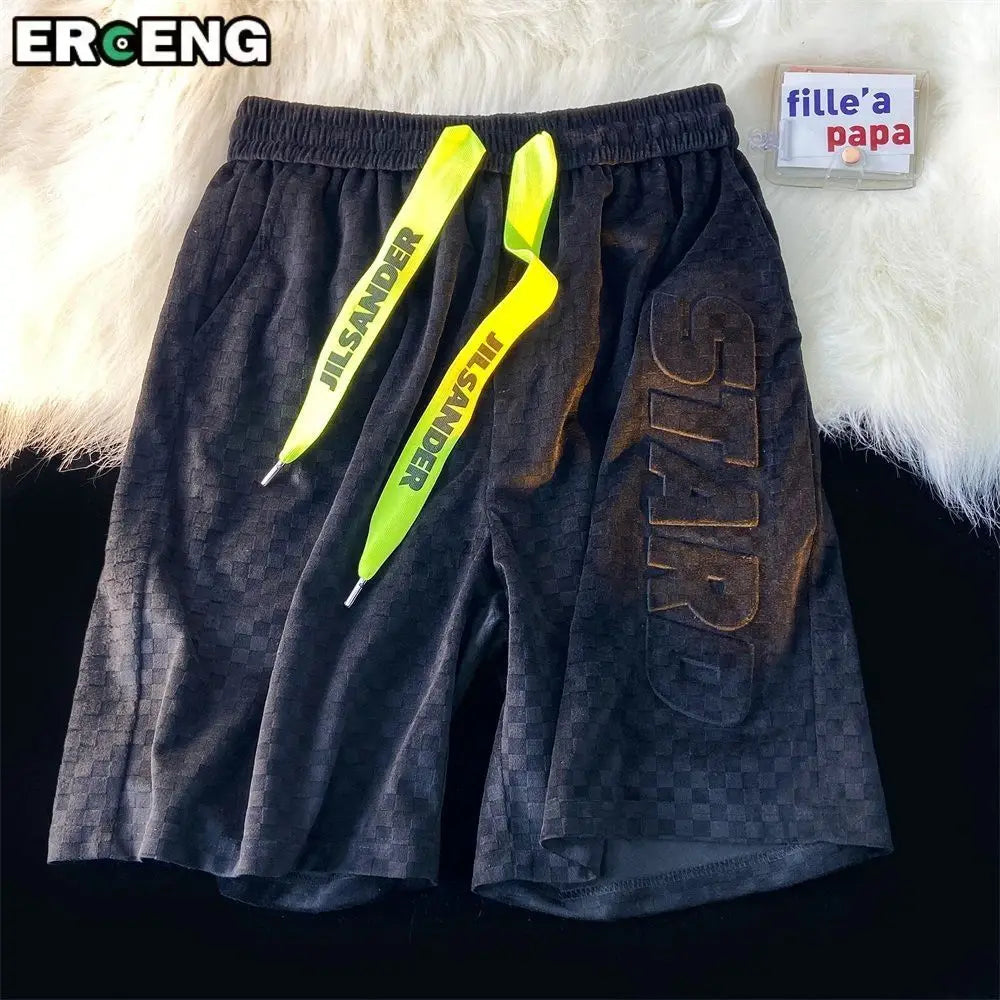 High Street Foam Letter Velvet Shorts Men's Fashion Casual Summer Loose Sports Shorts