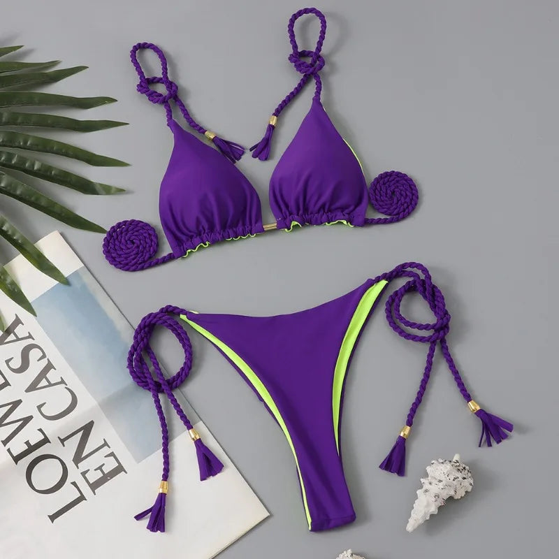 Women Bikini Rope Triangle Swimsuit Multicolor Sexy Low Waisted Bikini Set Swimsuit Swimwear Women BeachwearBrazilian biquini