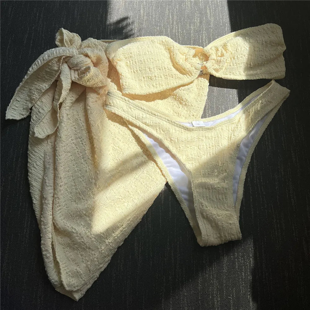 Light Blue Bandeau 3 Piece Bikini Set with Cover Up Texture Swimwear Sexy Swimsuit Women High Cut Bathing Suit Beachwear Bikinis